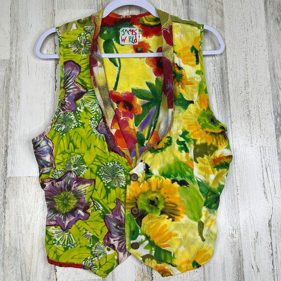 VTG Jams World Vest Medium Tropical Floral Art Colorful Retro Resortwear Top - Picture 1 of 8